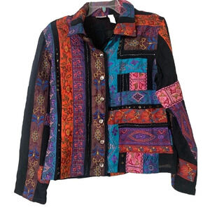 Chico’s Patchwork Embroidered Boho Wearable Art Jacket Size 1 Or Medium 8 (F5)